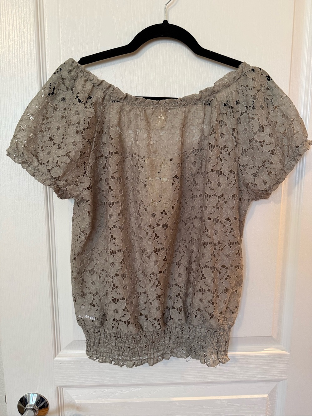 Derek Heart Lace Tie-Front Short Sleeve Top - Taupe - Picture 4 of 8